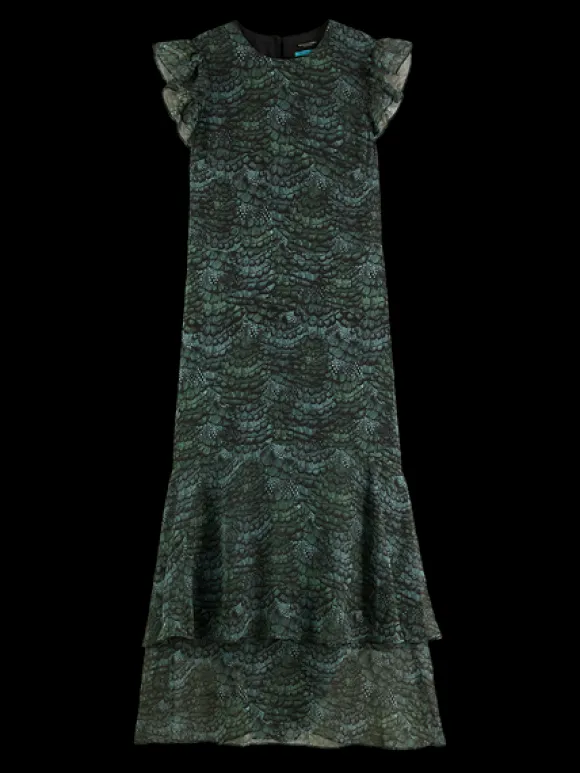 Feather Printed Midi Flounce Dress