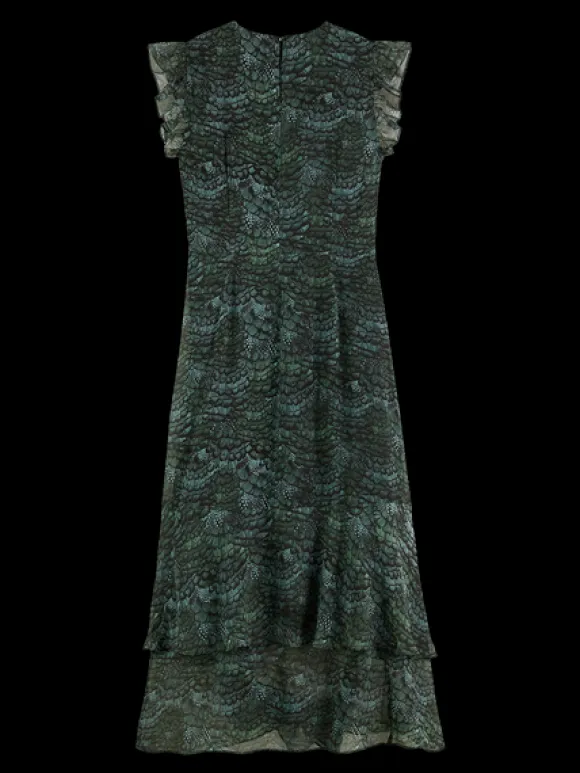 Feather Printed Midi Flounce Dress